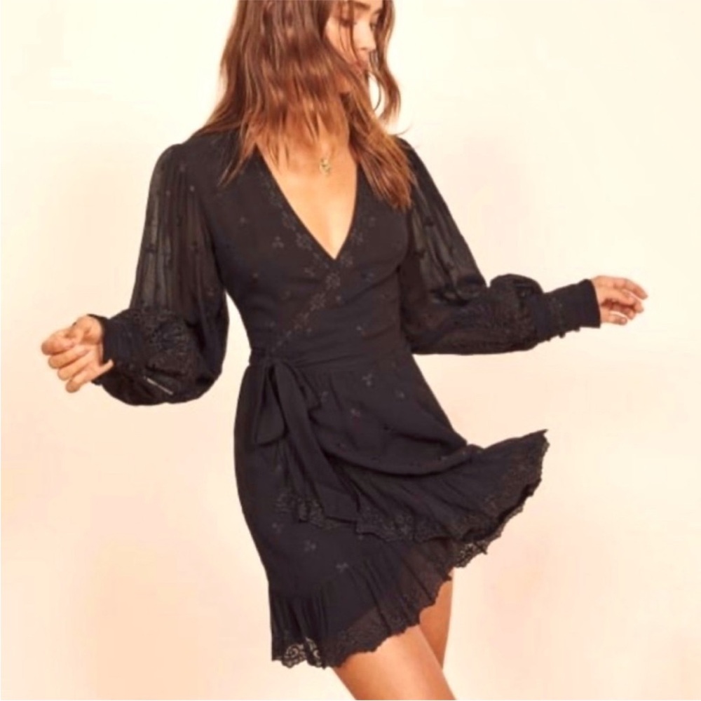 Reformation Clare Dress NWT size XS Black Ruffle Wrap Long-sleeve eyelet mini